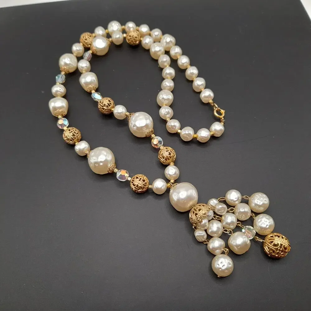 Vintage Faux Pearl Tassel Necklace, Aurora Borealis Crystals, 26